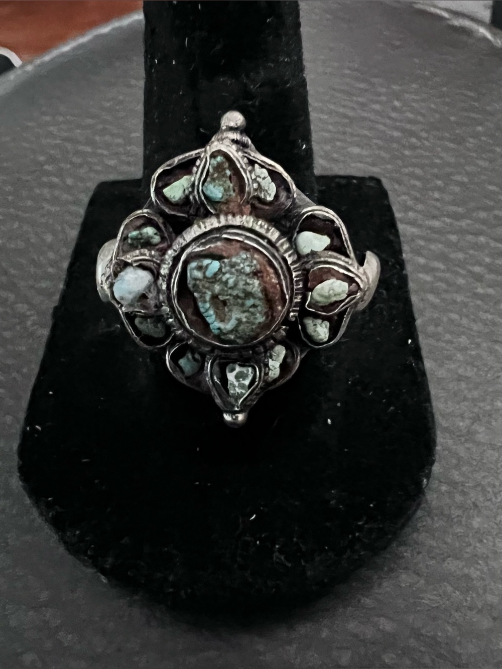 Vintage-Inspired Turquoise Statement Ring - Women’s Floral Silver Design